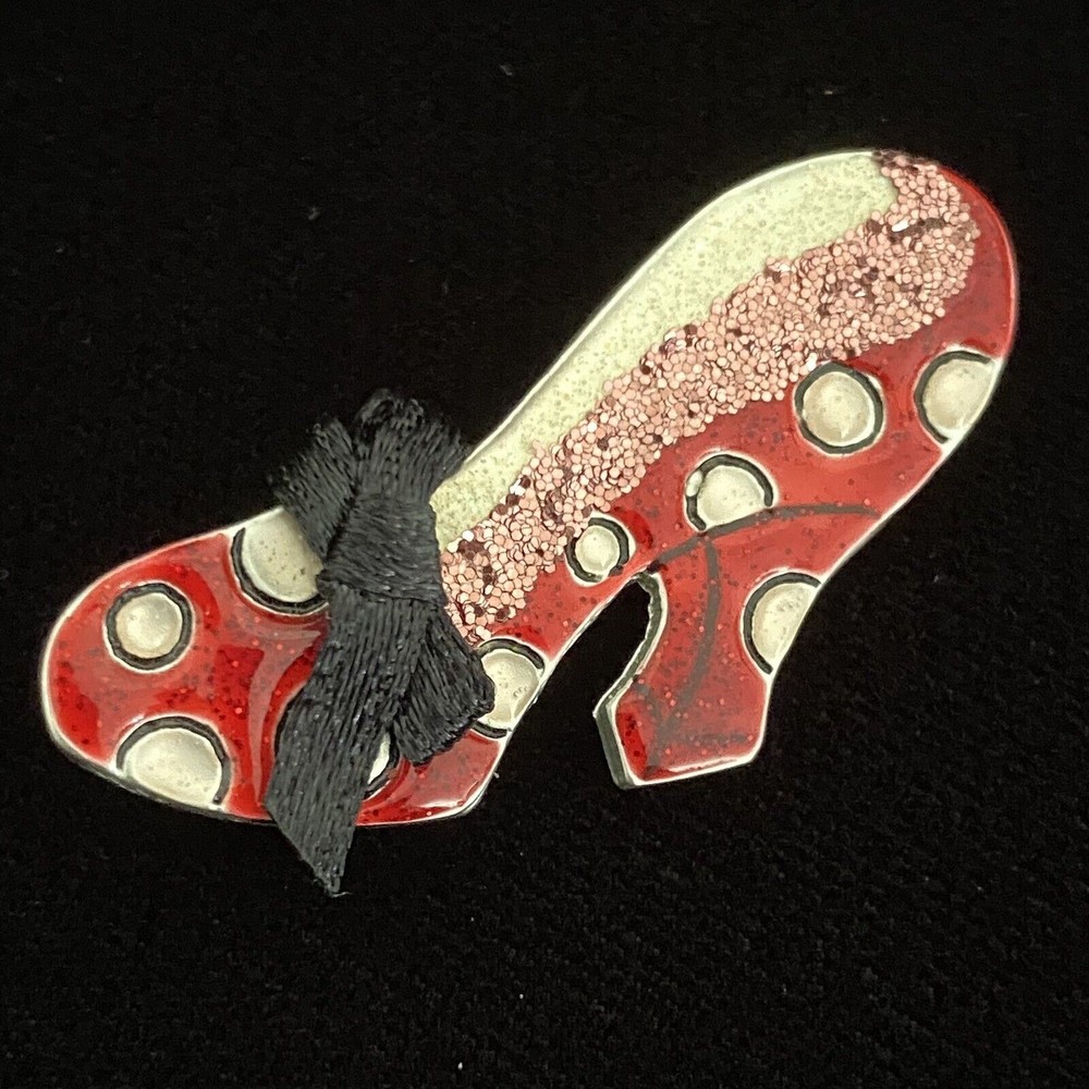 AJMC Vintage Brooch Pin Red High Heel White Polka Dots Black Bow Pink Glitter